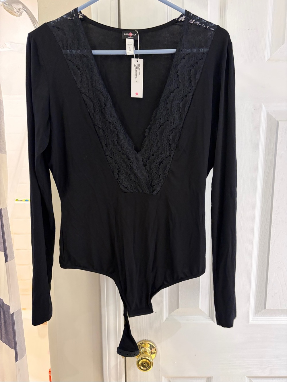 Cosabella Bisou Deep V Teddy Black Lace-Trim Long Sleeve Bodysuit large NWT